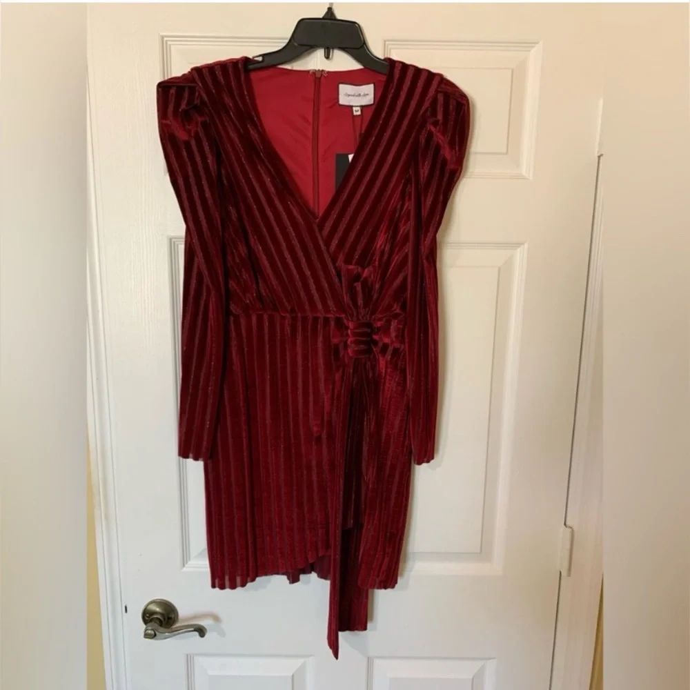 Layered With Love Yasmeen Puff Sleeve V-Neck Shadow Stripe Red Velvet Mini Dress